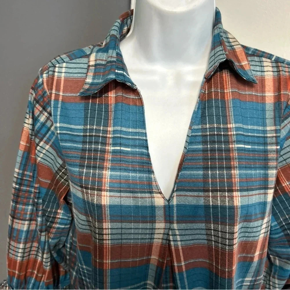Women's Small Plaid V Neck Popover Flannel Shirt Bow‎ Colorful Cowgirl Autumn - Picture 4 of 14